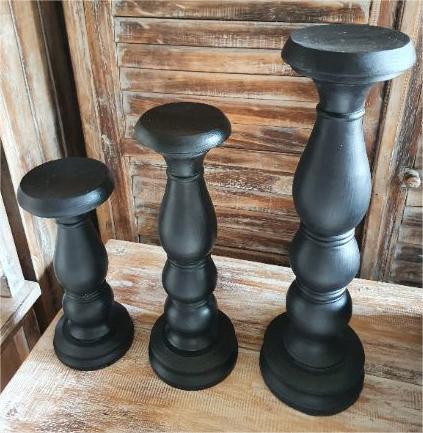 Carved Set of 3 Candle Holders Black
