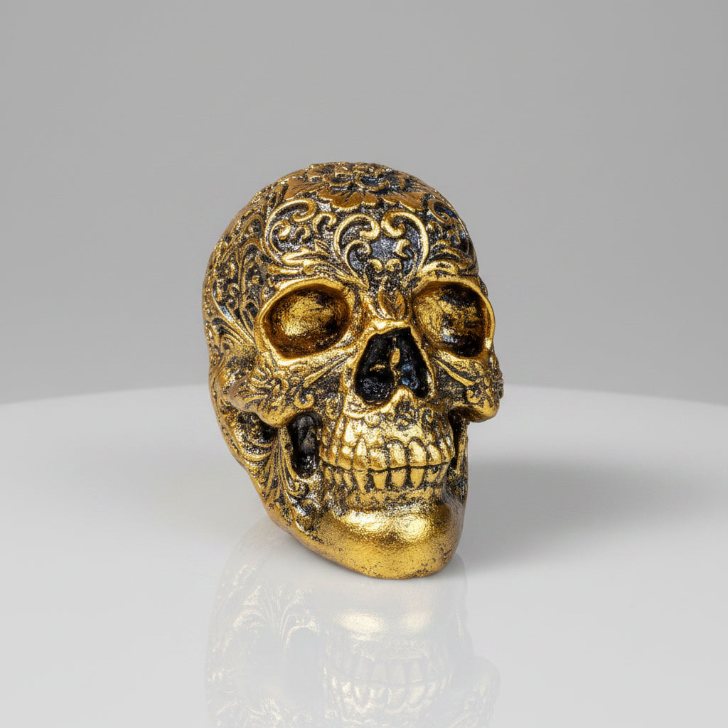 Poly Resin Skull Psychedelic Black & Gold 9x13x10cm