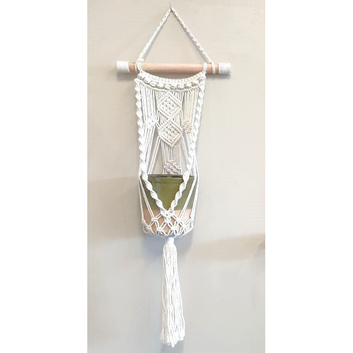 Macrame Pot Plant Hanger Wooden Handle 17x1x97cm