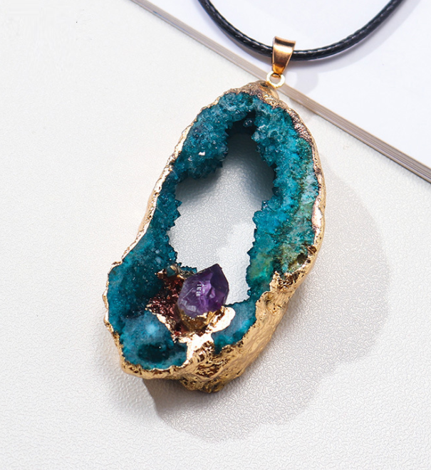 Crystal Pendant Necklace Blue & Amethyst