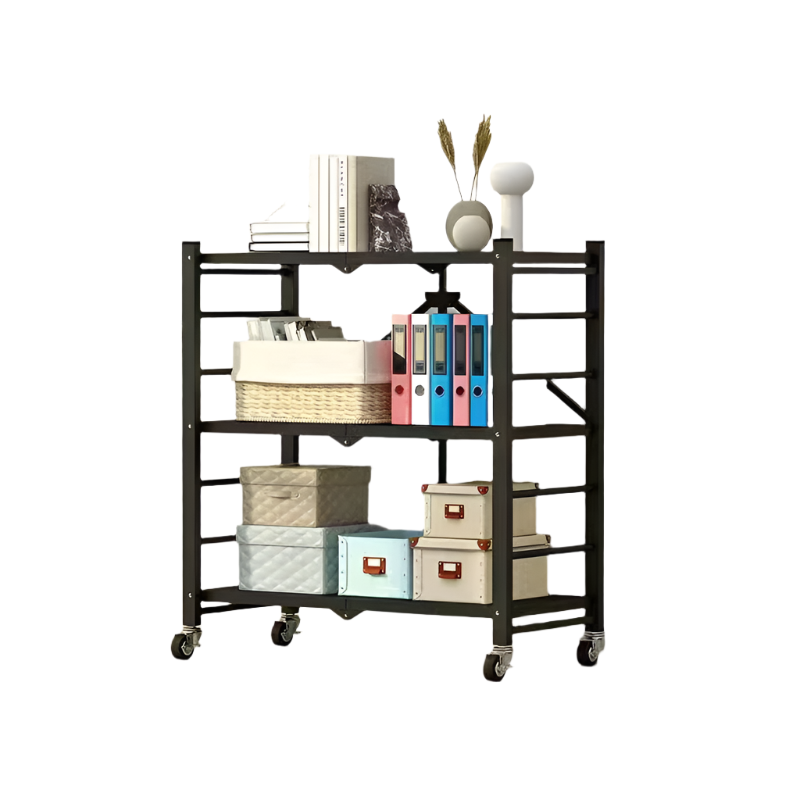 Folding Metal Stand On Wheels 3 Shelves Black