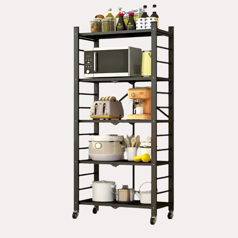 Folding Metal Stand On Wheels 5 Shelves Black