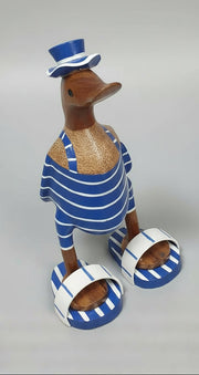 Carved Wooden Duck With Jandles Blue