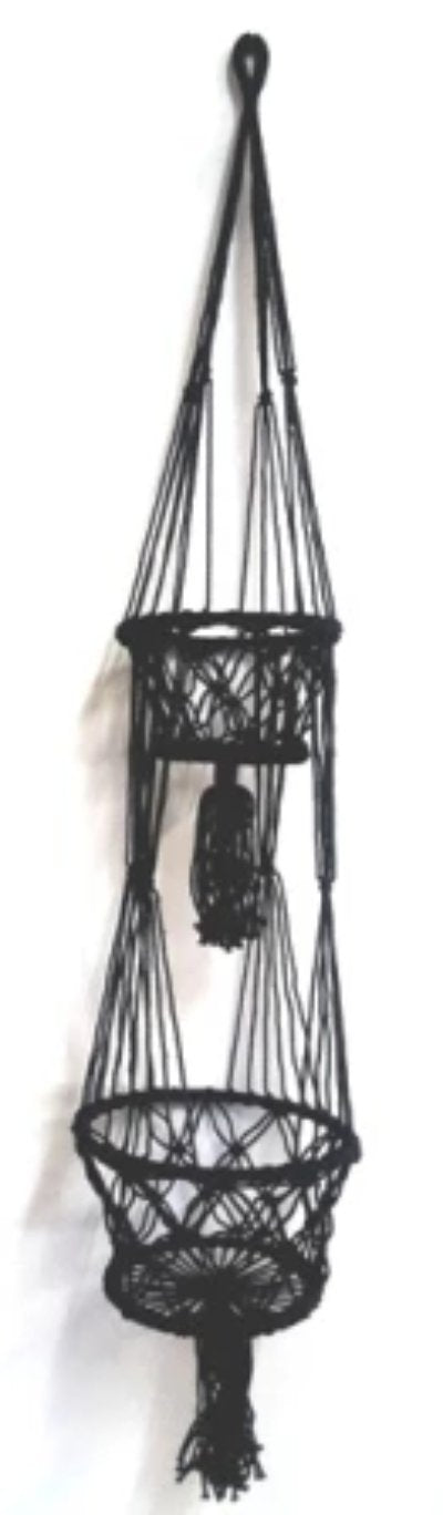Macrame Pot Plant Hanger- Double Black 27cm