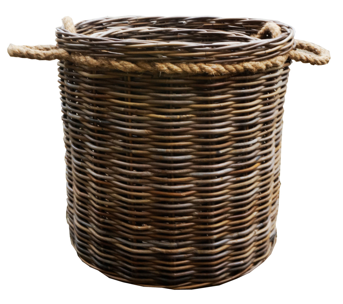 Grey Round Log Basket with Rope Handles Large