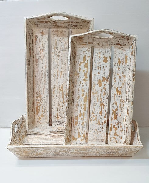 Rustic White Wash Wooden Trays Set of 3