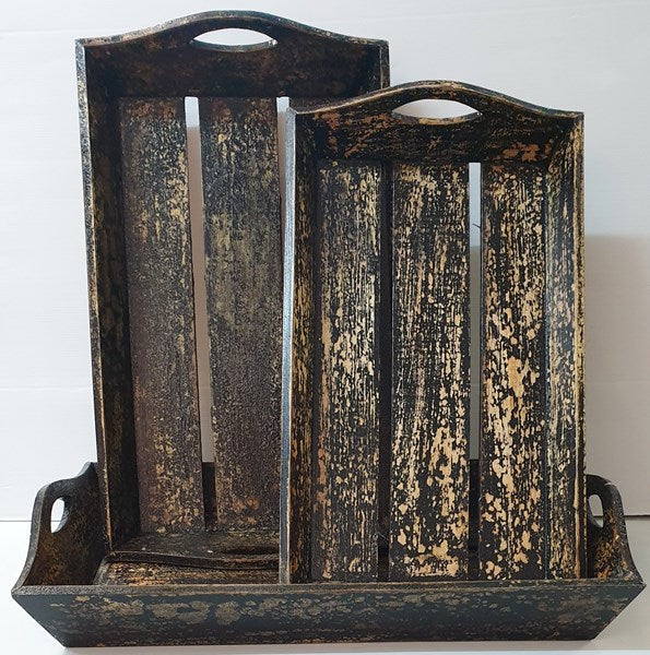 Rustic Black Wash Wooden Trays Set Of 3